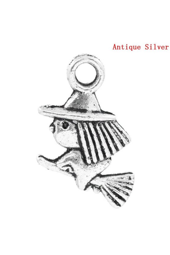 P179 - 50 pcs. Antique Silver Witch and Broom Halloween Charms Pendants - 13mm x 10mm