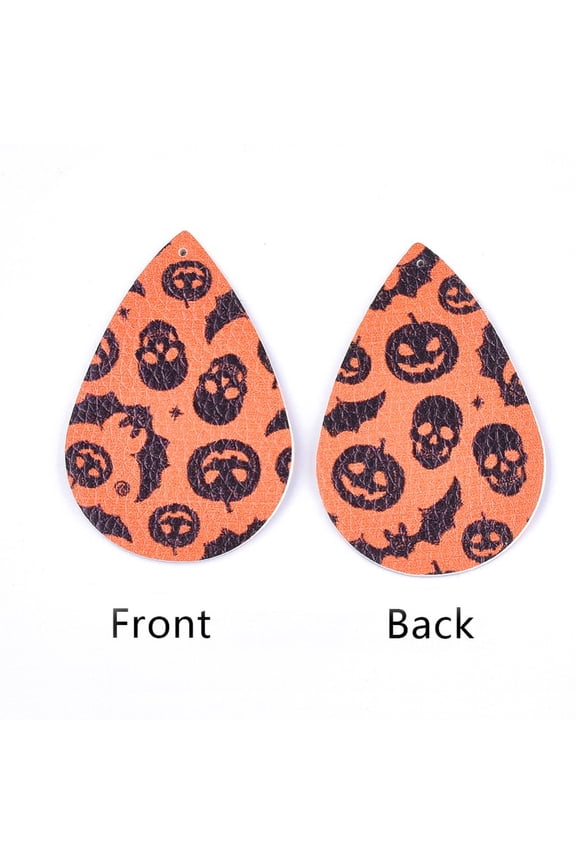 P182 - 10 pcs. Orange Faux Leather Dangle Charms Pendants - Teardrop - Halloween - 56mm (2.2") - Great for Earrings or Dangles! Double-Sided - C