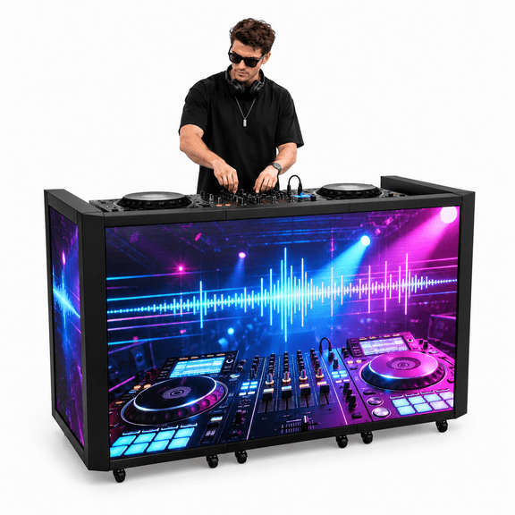 P2.6 HD 6-Fold Foldable LED DJ Booth Table with Wheels, Waterproof Portable LED Screen Video Facade with Flight Case for Music Festivals and Events