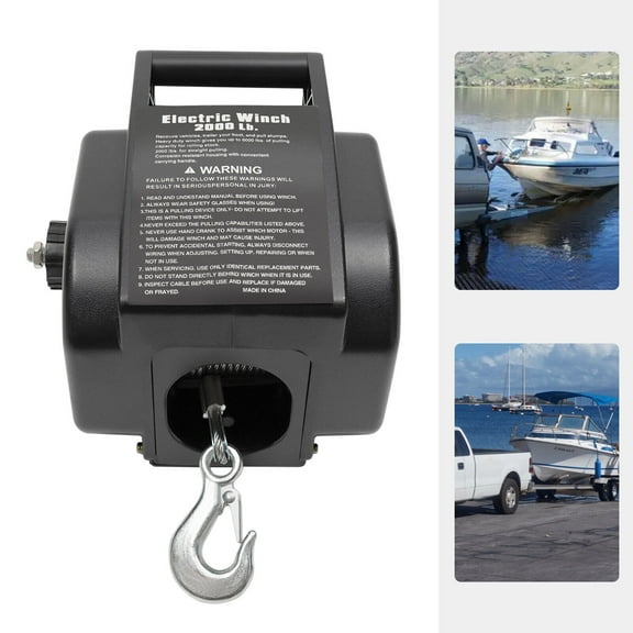 P2000-4 2000LB Electric Boat Winch, Reversible Electric Trailer Winch 12V DC, Power-in, Power-out and Freewheel Operations for Boats 2000 lbs with Hand Crank