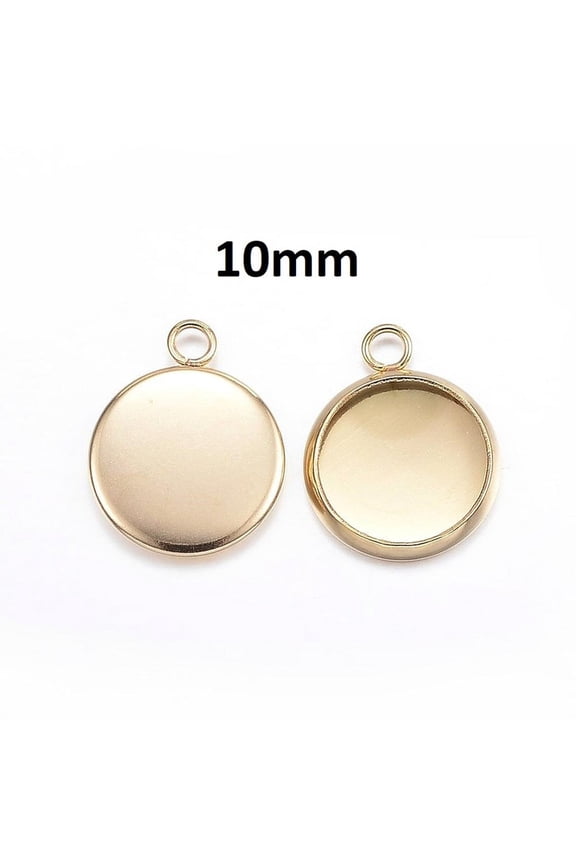 P2050 - 10 pcs. 304 Stainless Steel Golden Circle Settings Bezels Cabochons Pendants - 10mm Glue Pad Setting - Single Loop - Bezel Trays Cups