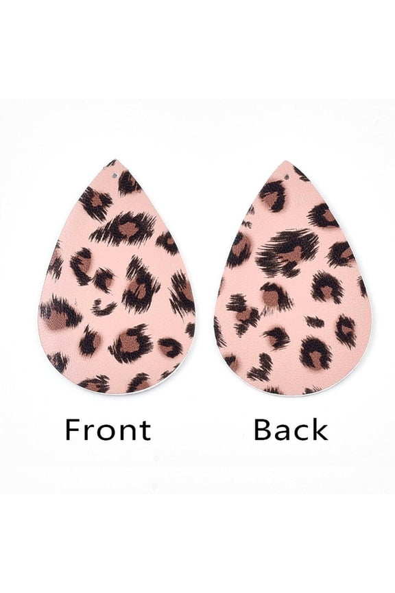 P2089 - 10 pcs. Leopard Faux Leather Dangle Charms Pendants - Teardrop - Pink and Brown - 57mm (2.25") - Double Sided