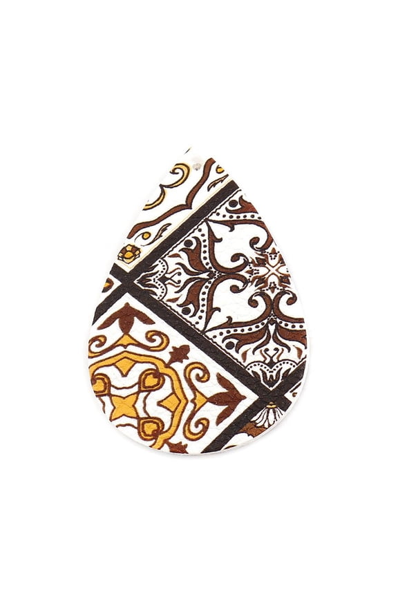 P218 - 10 pcs. White and Brown Faux Leather Dangle Charms Pendants - Teardrop - Tile Pattern - 56mm (2.2") - Double-Sided