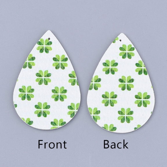 P2212 - 10 pcs. Green and White Faux Leather Dangle Charms Pendants - Teardrop - St. Patrick's Day - 56mm (2.2") - Double-Sided - Style B - Clover