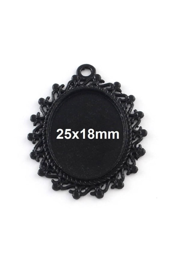 P2215 - 10 pcs. Black Plated Oval Pendant Picture Photo Frame Bezel Tray Setting Pendants Charms - Fits 25mm x 18mm - 25x18mm - Cabochons / Cameos