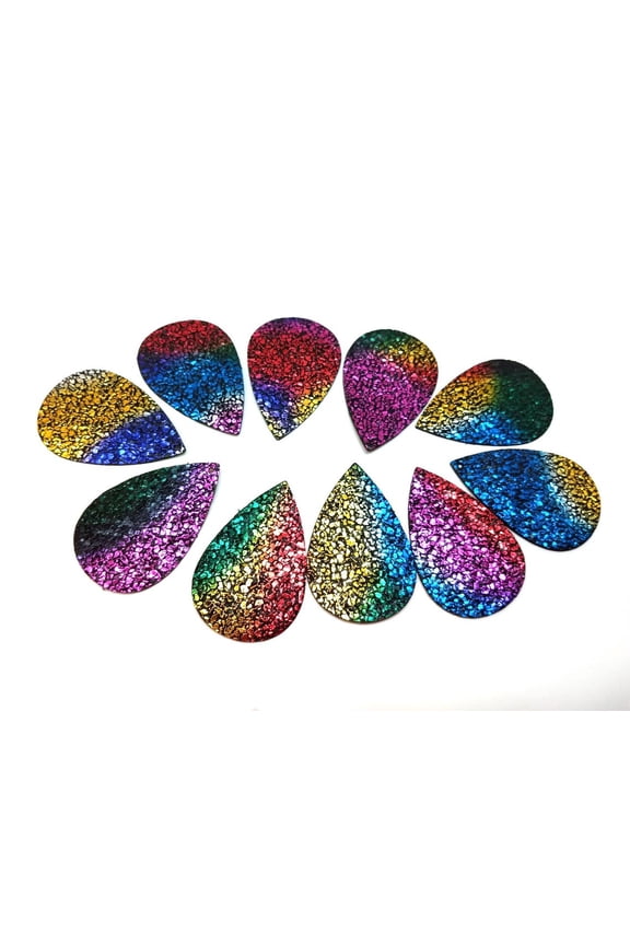 P2219 - 10 pcs. Rainbow Multicolor Glitter Faux Leather Dangle Charms Pendants - Teardrop - 55mm (2.17") - Great for Earrings! Double Sided