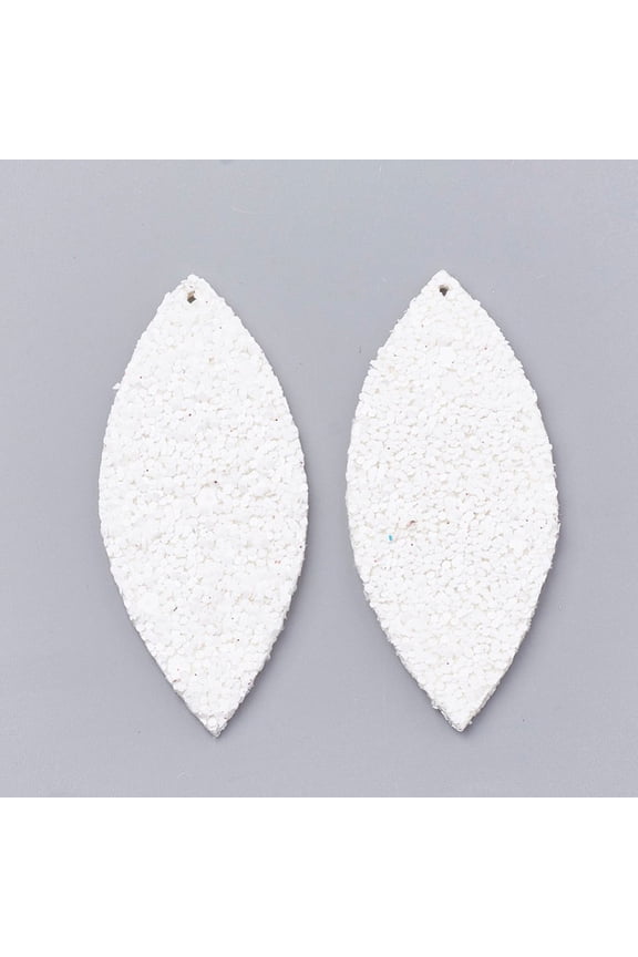 P241 - 10 pcs. White Glitter Faux Leather Dangle Charms Pendants - Marquise - 59mm (2.33") - Great for Earrings & Dangles! Double Sided