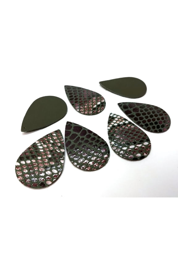 P267 - 10 pcs. Green Snake Skin Faux Leather Dangle Charms Pendants - Teardrop - 55mm (2.17")