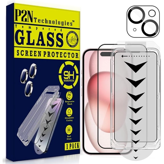 P2N Screen & Camera Lens Protector for iPhone 15 (6.1") - 9H Tempered Glass, Easy Install Frame, Case-Friendly, HD Clarity, Anti-Fingerprint, Scratch Resistant, Bubble-Free (1+1 Pack)