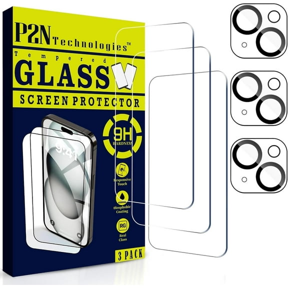 P2N Screen Protector & Camera Lens for iPhone 15 (6.1 inch) 9H Tempered Glass, Case-Friendly, HD Clarity, Scratch Resistant, Anti-Fingerprint, Bubble-Free Install (3+3 Pack)