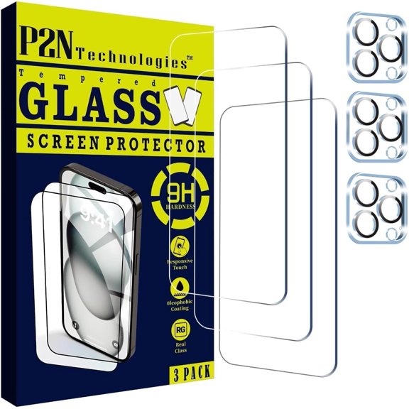 P2N Screen Protector & Camera Lens for iPhone 15 Pro (6.1 Inch) – 9H Tempered Glass, Case-Friendly, HD Clarity, Scratch Resistant, Anti-Fingerprint, Bubble-Free Install (3+3 Pack)