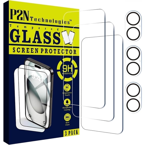 P2N Screen Protector & Camera Lens for iPhone 16 (6.1 inch) – 9H Tempered Glass, Case-Friendly, HD Clarity, Scratch Resistant, Anti-Fingerprint, Bubble-Free Install (3+3 Pack)