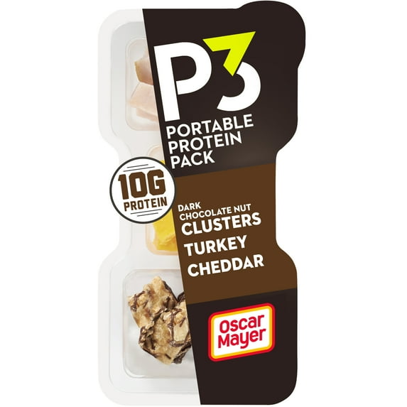 P3 Portable Protein Snack Pack with Dark Chocolate Almond Nut Clusters, Turkey & Cheddar Cheese, 2 oz Tray