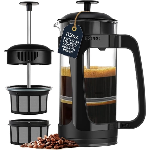P3 French Press Coffee Maker – Patented Double Micro-Filter f Grit-Free Brew, Heat Resistant thicker Bosilicate Glass Coffee press – (Black 32 oz)