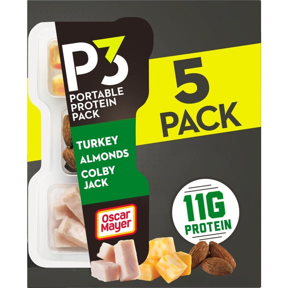 P3 Portable Protein Snack Pack with Turkey, Almonds & Colby Jack Cheese, 5 Count Box, 2 oz Trays