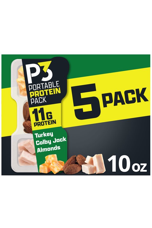 P3 Portable Protein Snack Pack with Turkey, Almonds & Colby Jack Cheese, 5 Count Box, 2 oz Trays