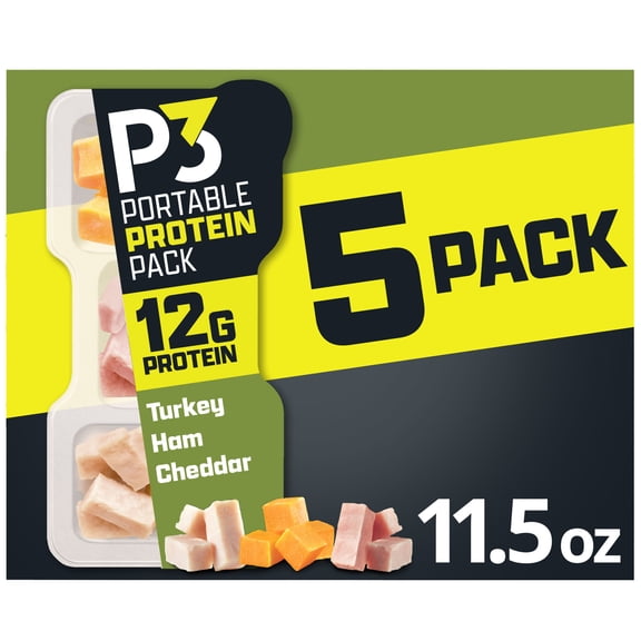 P3 Portable Protein Pack with Turkey, Ham & Cheddar Cheese, 5 Count Pack, 2.3 oz Trays