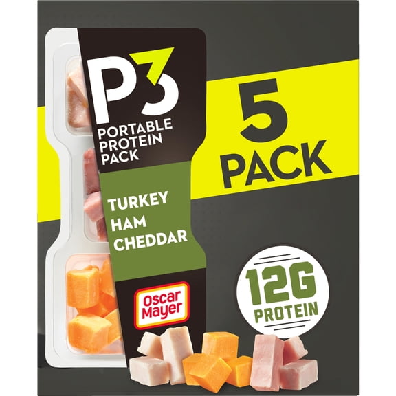 P3 Portable Protein Pack with Turkey, Ham & Cheddar Cheese, 5 Count Pack, 2.3 oz Trays