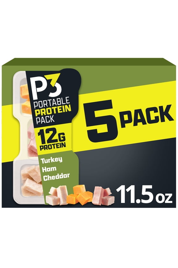 P3 Portable Protein Pack with Turkey, Ham & Cheddar Cheese, 5 Count Pack, 2.3 oz Trays