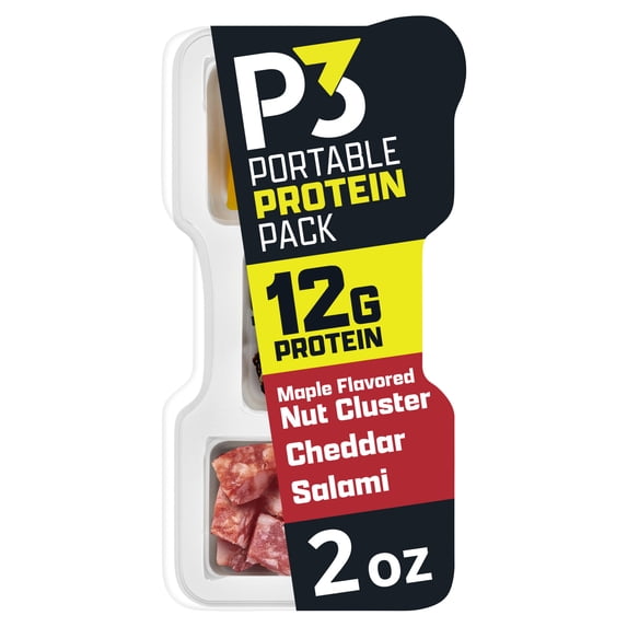 P3 Portable Protein Pack with Hard Salami - Natural Smoke Flavor Added, Cheddar Cheese & Maple Flavored Nut Clusters, 1 Tray, for Easy Snacking On the Go, No High-Fructose Corn Syrup, 2 oz