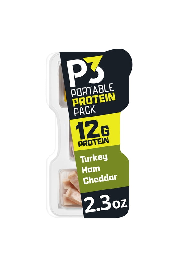 P3 Portable Protein Snack Pack with Turkey, Ham & Cheddar Cheese, 2.3 oz Tray