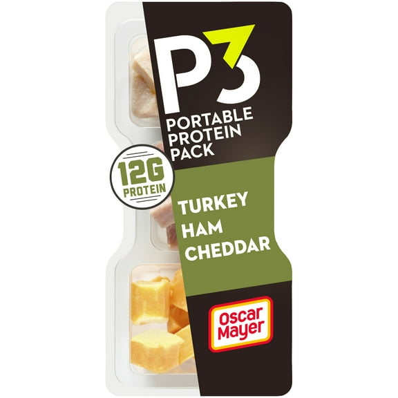 P3 Portable Protein Snack Pack with Turkey, Ham & Cheddar Cheese, 2.3 oz Tray