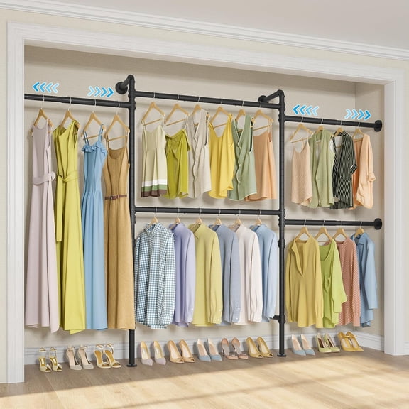 P3 Wall Mounted Closet Organizer System with 5 Hanging Rods, Adjustable 5'8"7'6", Heavy-Duty Modular Garment Rack, Space-Saving Closet Solution for Walk-in Closet, Bedroom & Small Spaces