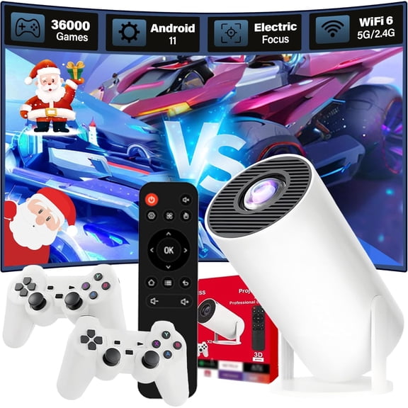 P30 MAX Mini Projector 36000+ Games 14 Emulators,Game Projector with Controllers,Android 11,H713 Chip Portable Projectors with WiFi & Bluetooth,Auto Focus Keystone,180 Rotation (Red Box)