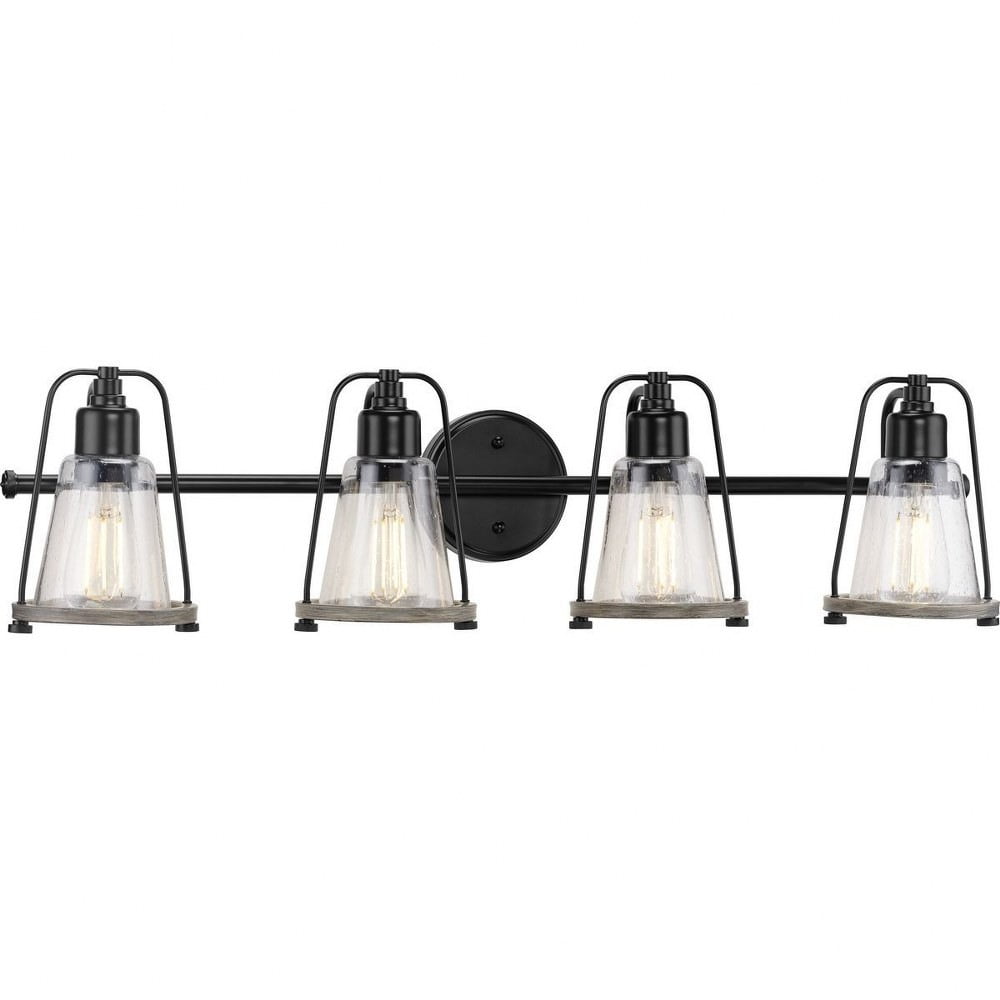 Conway Matte Black Steel 4-Light Bath Vanity with Clear Seeded Glass