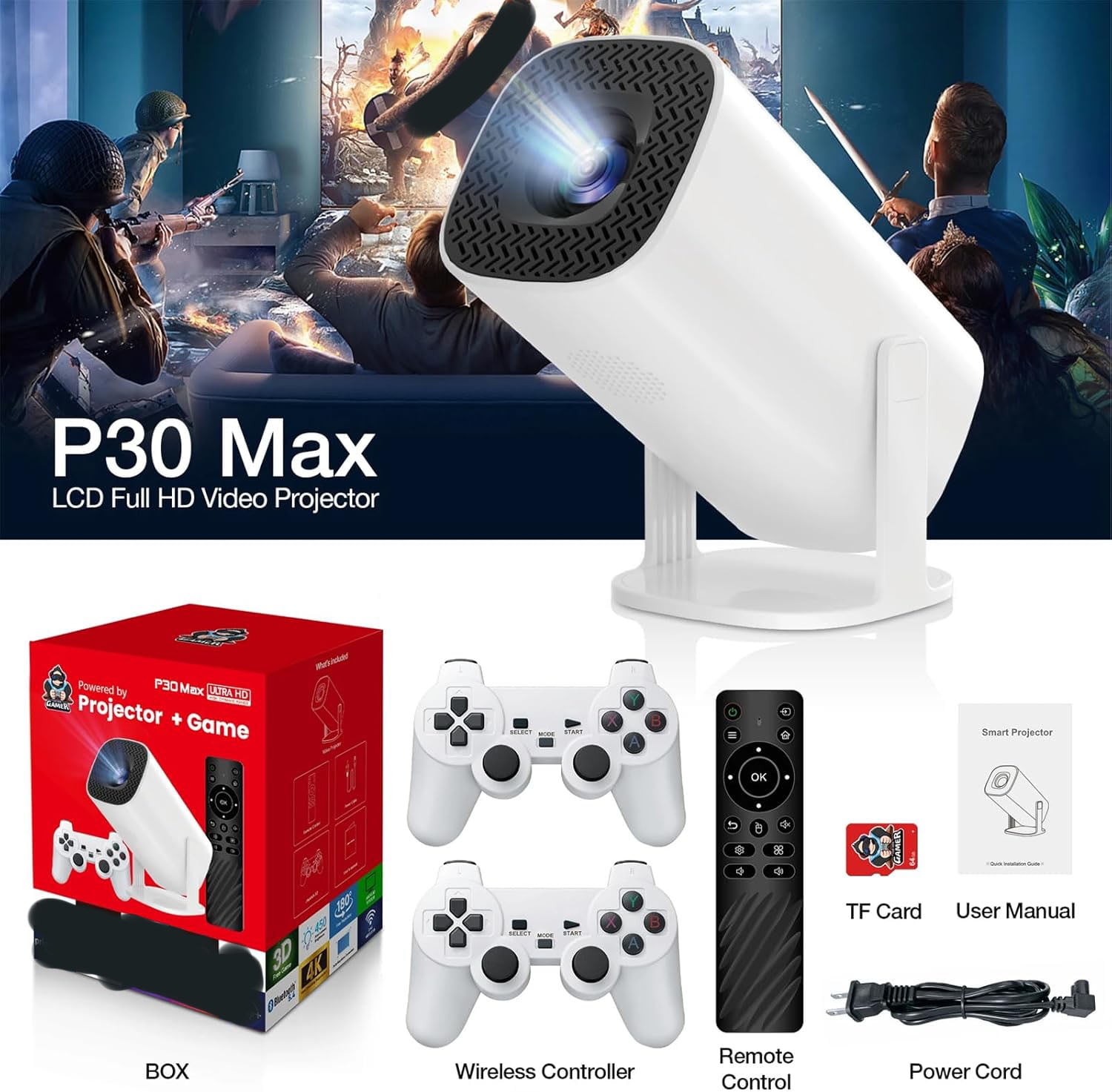 P30MAX Android 11 Gaming Projector 64GB TF Card Wireless Gaming Controller Dual WIFI1920*1080P Home Theater Portable Projector