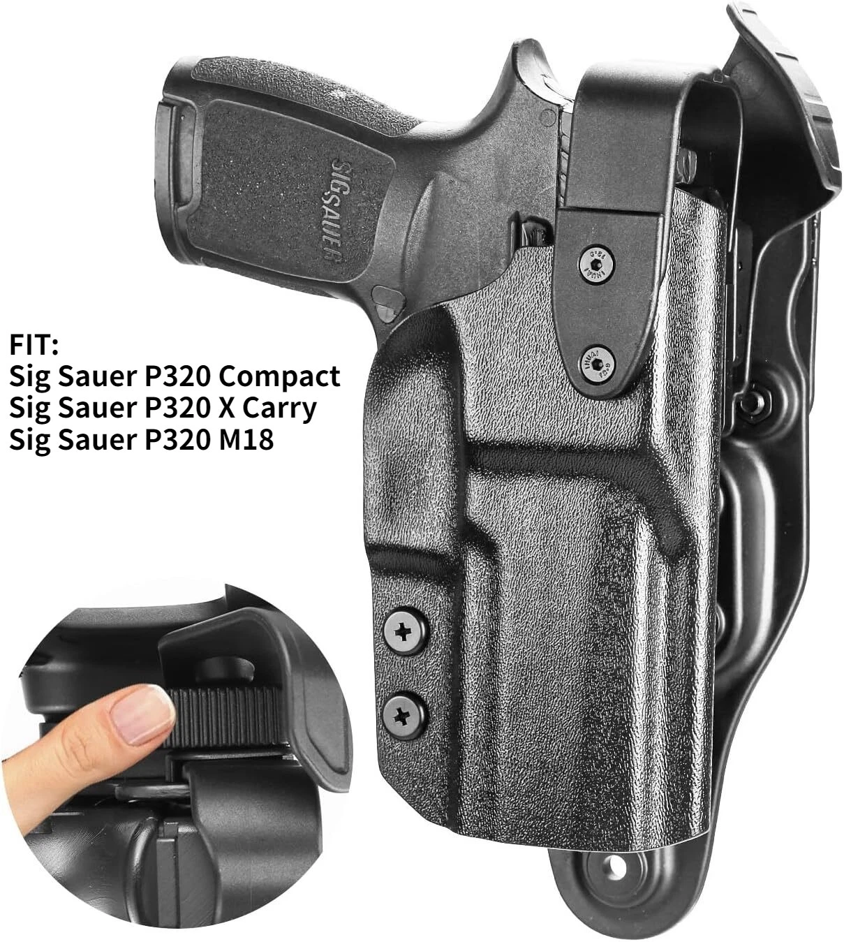 P320 Duty Holster Level II Retention w/Hook Guard & Rotating Hood: Sig Sauer P320 Compact M18