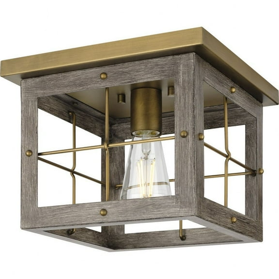 Hedgerow Collection One-Light Distressed Brass and Aged Oak Farmhouse Style Flush Mount Ceiling Light