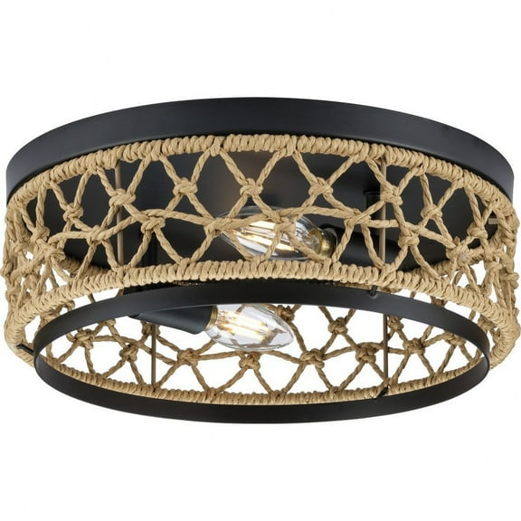 Progress Lighting Chandra 2-Light Flush Mount, Matte Black, Handwoven Geometrical Shade