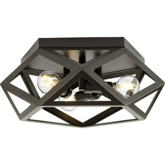 Progress Lighting Saucedo 3-Light Flush Mount, Architectural Bronze, Geometrical Steel, Damp Rated