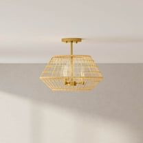 Laila Collection 16 in. Three-Light Vintage Brass Coastal Semi-Flush Convertible with Woven Jute Accents
