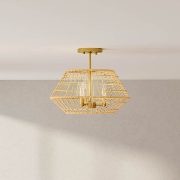 Laila Collection 16 in. Three-Light Vintage Brass Coastal Semi-Flush Convertible with Woven Jute Accents