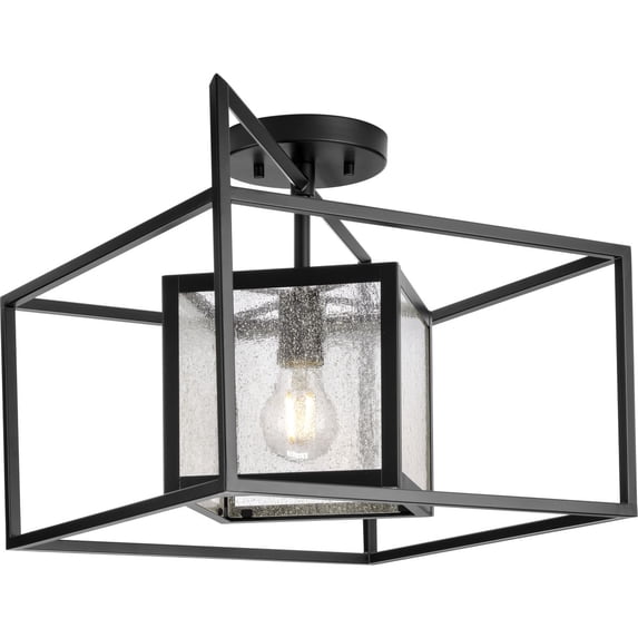 Progress Lighting Navarre 1-Light Matte Black Seeded Glass Transitional Outdoor Close-to-Ceiling Light