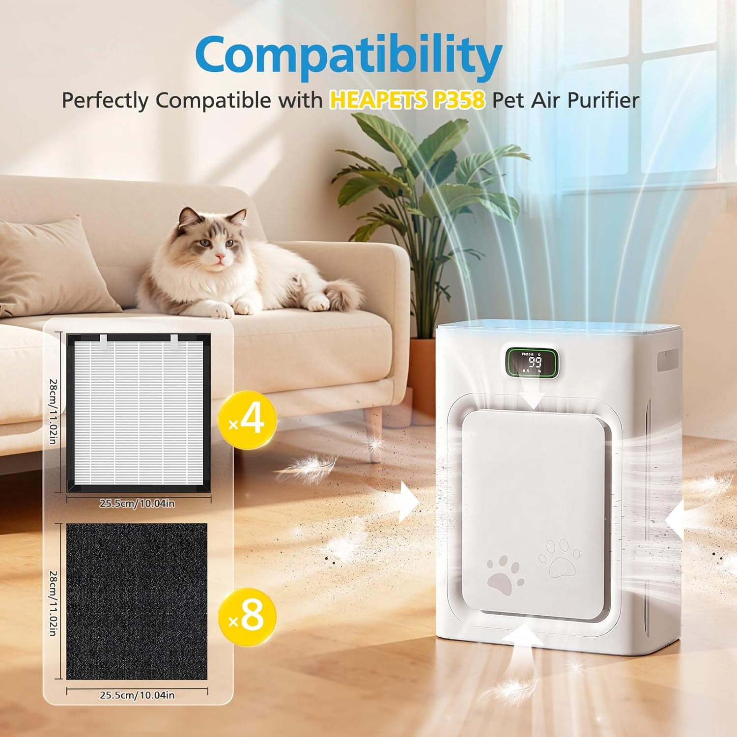 P358 Filter Compatible with HEAPETS P358 Pet Purifier, HEPA Filter for Pet Hair, Dander & Odor