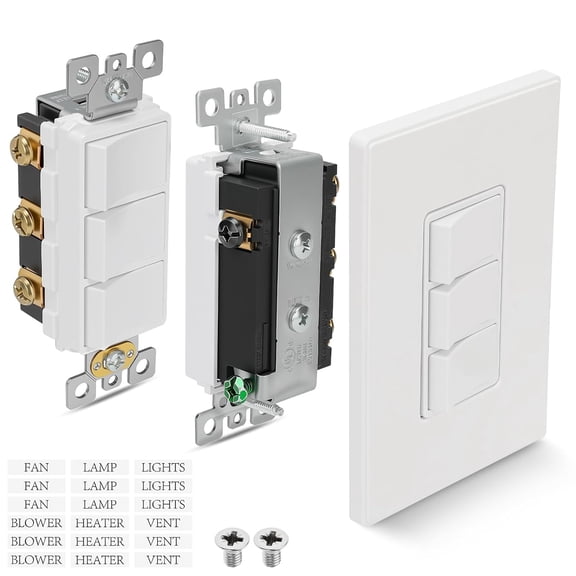 P3RW Wall Switch Three-Rocker Light Switch Combo with Screwless Wall Plate Cover for Bathroom Exhaust Fan,White Multi-Control
