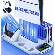 PS5 Cooling Fan Stand for PS5 Pro Slim, QQV PS5 Accessories Cooling Station with Dual Controller Charging Dock for PS5 Disc & Digital Console, White