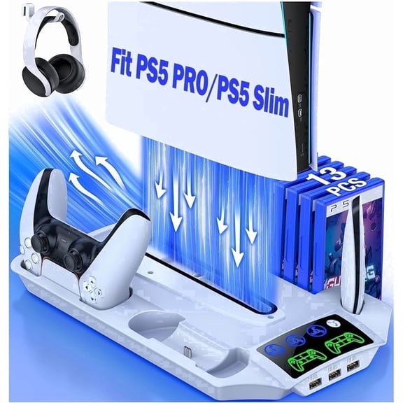 PS5 Cooling Fan Stand for PS5 Pro Slim, QQV PS5 Accessories Cooling Station with Dual Controller Charging Dock for PS5 Disc & Digital Console, White