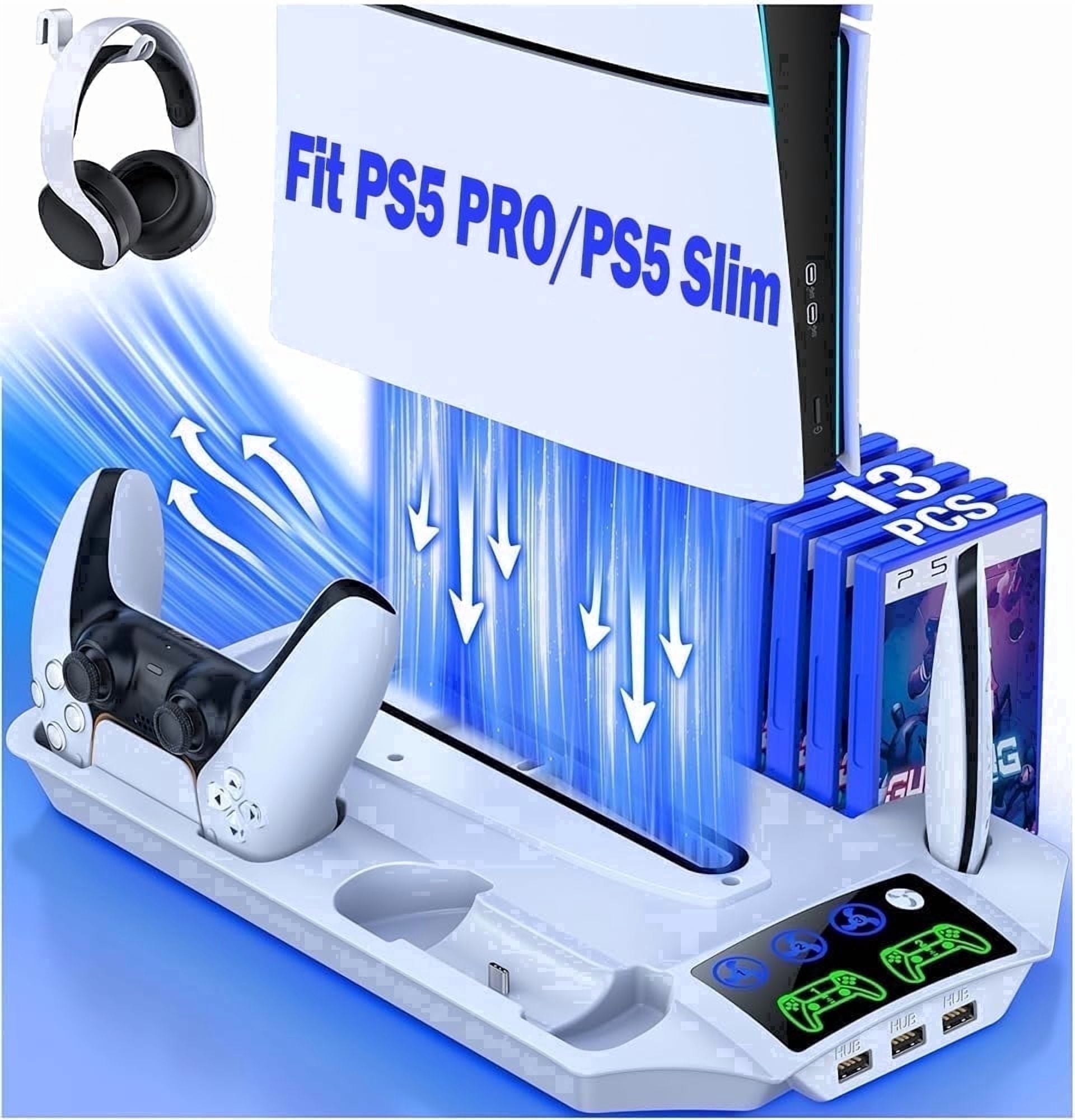 PS5 Cooling Fan Stand for PS5 Pro Slim, QQV Cooling Station with Dual Controller Charging Dock for PS5 Disc & Digital Console, White