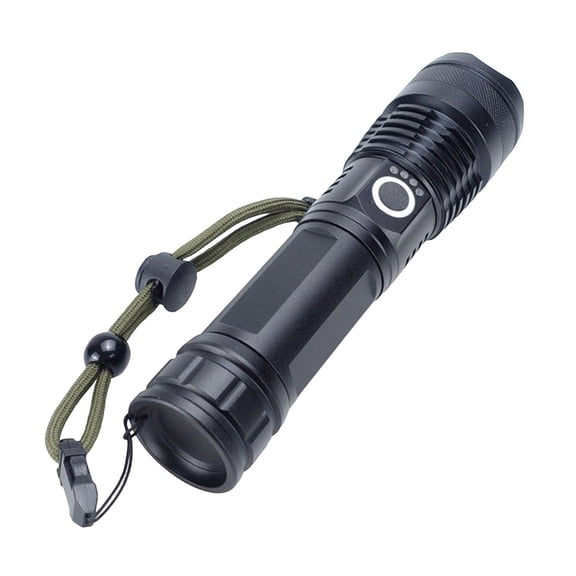 P50 High Power Rechargeable LED Flashlight 26650 Battery with Zoom Focus for Outdoor Long Range Emergency Black
