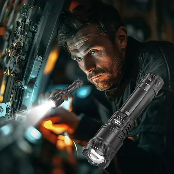P50 Telescopic Focus LED Flashlight | USB Type-C Rechargeable | 3 Modes Bright Outdoor Camping Hiking Search Light | Digital Power Display | Compact 15x3.8 cm Plastic Body
