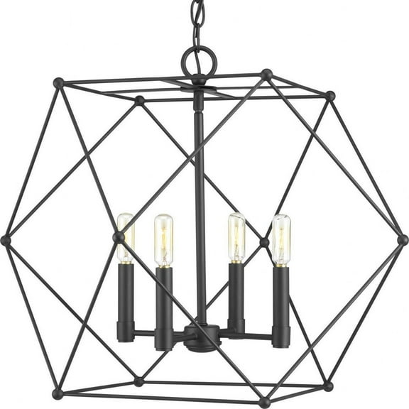 Progress Lighting, Spatial Collection, 4-Light Pendant, Matte Black Finish, Geometric Frames, Open Candles
