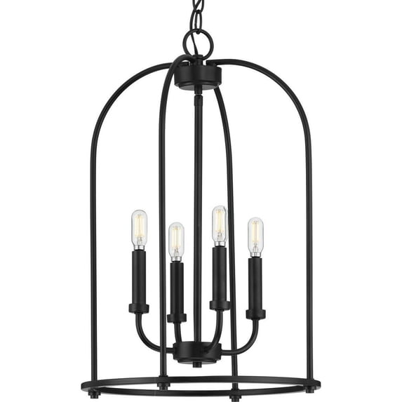 Progress Lighting Leyden 4-Light Foyer Pendant, Steel, Matte Black, Open-Frame, Brushed Nickel Finish, Candlestick Bases