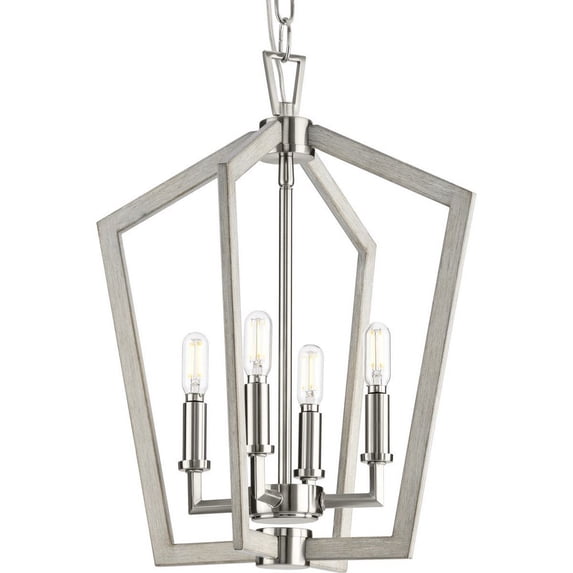 Progress Lighting Galloway 4-Light Foyer Pendant, Brushed Nickel, Open Frame, Grey Washed Oak, Candelabra Bulbs