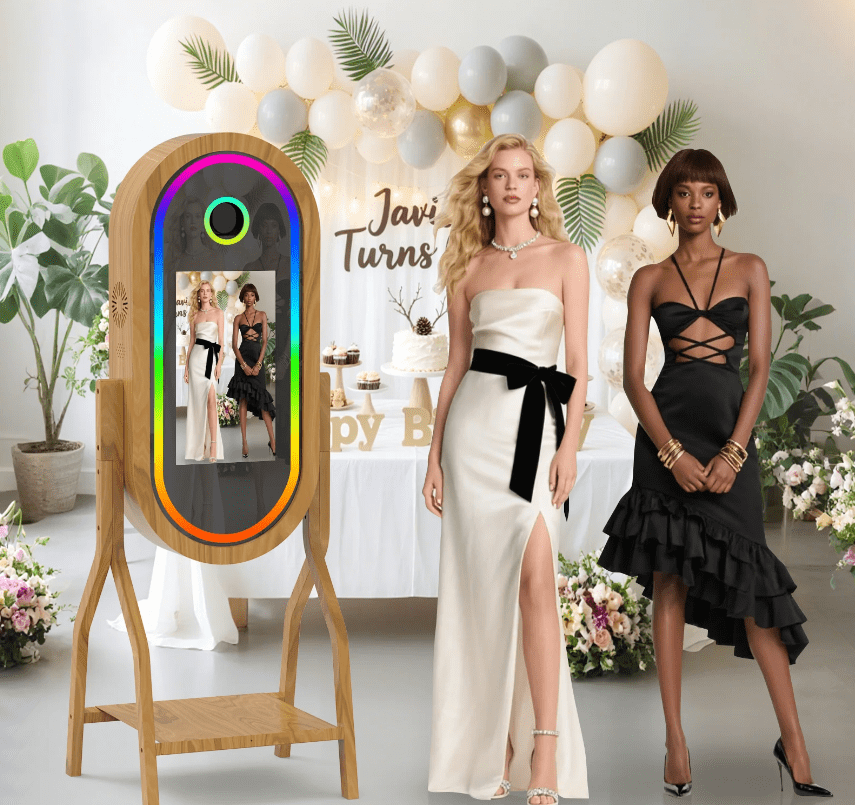 Mirror Photo Booth 50'' Wooden Magic Mirror Photo Booth with 21.5'' Interactive Touch Screen Built-in i5 Mini PC Suitable for Photography Needs in Various Locations