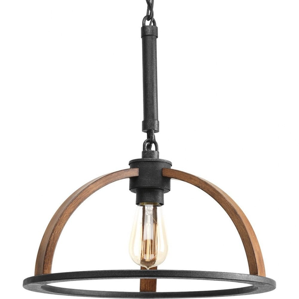 Gilded Iron and Oak 16" Industrial Pendant Light