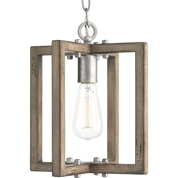 Progress Lighting Turnbury 1-Light Mini-Pendant, Galvanized Steel, Nautical Coastal, Wood Frame